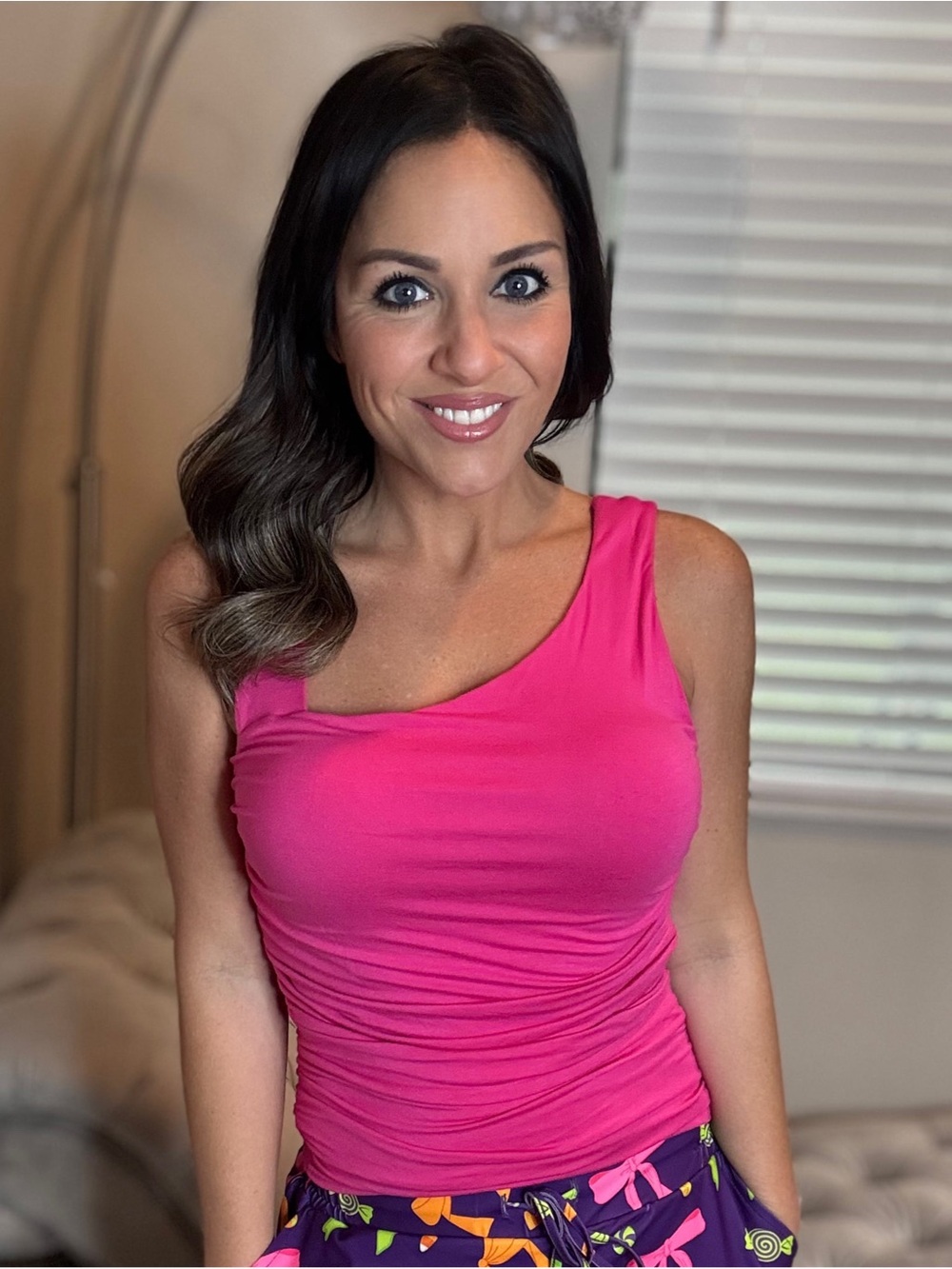 Hot Pink One-Shoulder Ruched Tank Top